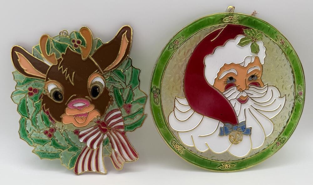 Vtg Faux Stained Glass Santa Reindeer Hanging Decor Christmas Holiday Plastic